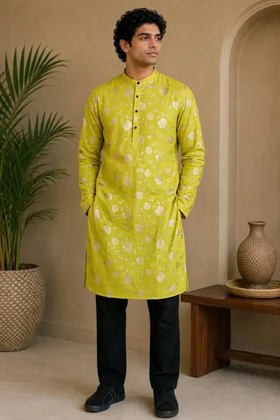 Print Kurta Only - Lime Green / Parrot Green - Golden Floral Foil Print Design