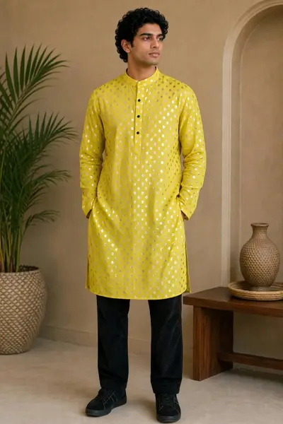 Print Kurta Only - Lime Green / Lemon Yellow - Silver Gold Polka Dots Foil Print Design