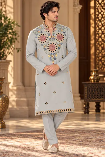 Floral Embroidered Set - Grey