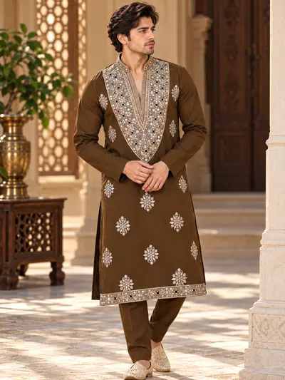 V-neck Heavy Embroidered Set - Brown