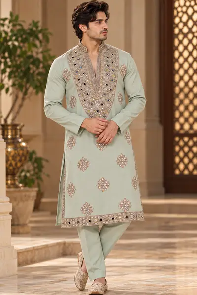 V-neck Heavy Embroidered Set - Sage Green