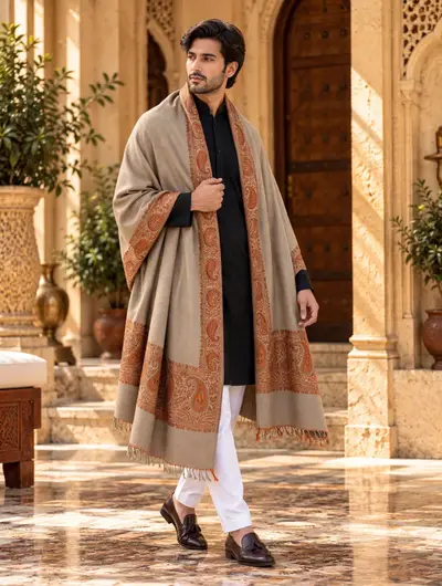 Shawl - 4500 Kani Border Men Semi-Pashmina Lohi